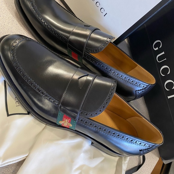 Gucci Other - Gucci Mens Calfskin Web Bee Spirit Black Loafers